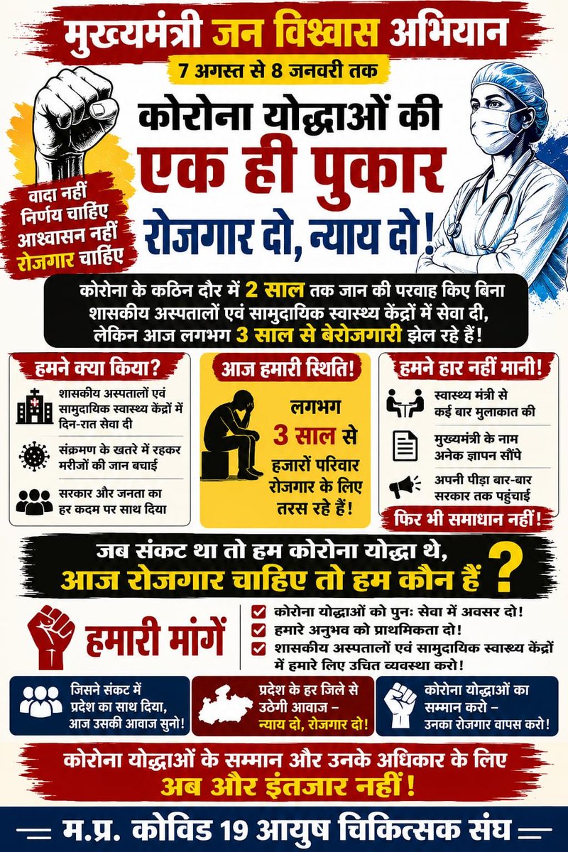 DRVEERENDRAPAT8's tweet photo. आदरणीय मुख्यमंत्री जी
कोविड़ 19 अस्थाई चिकित्सक एवं स्टॉफ मध्यप्रदेश, जिन्होंने अपनी जान दांव पर लगाकर राष्ट्र सेवा में समर्पित रहे उन्हे पुनः बहाली कर नियमित नौकरी प्रदान करें महोदय जी https://t.co/DbJNmvQ34C