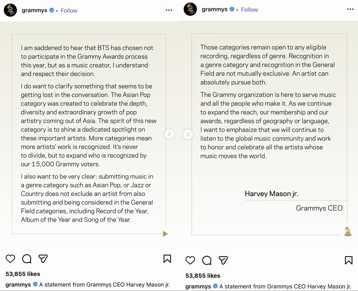 ameviil's tweet photo. grammy/recording academy for the first time IN HISTORY responded to an artist's notice of withdrawal from their awards from their official accounts. other artists when they showed their reaction they weren't afraid, but i am sure they deeply felt what kind of loss of reputation a reaction from an artist at the maximum of a global power like bts would create. the number of media outlets asking them for a answer must have crossed the limit that required them to make a statement from their official accounts