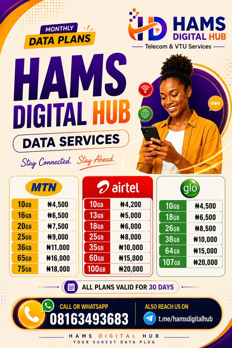 meedah2000's tweet photo. Stay connected without breaking the bank! π±π₯
Affordable MTN, AIRTEL & GLO monthly data plans with instant delivery. π―
You can reach out to us via;
Call/WhatsApp: 08163493683
π² Telegram: https://t.co/s7ts2Gp7Zd
#HamsDigitalHub #DataDeals #MTN #Airtel #Glo https://t.co/Ke2qHTgCEv