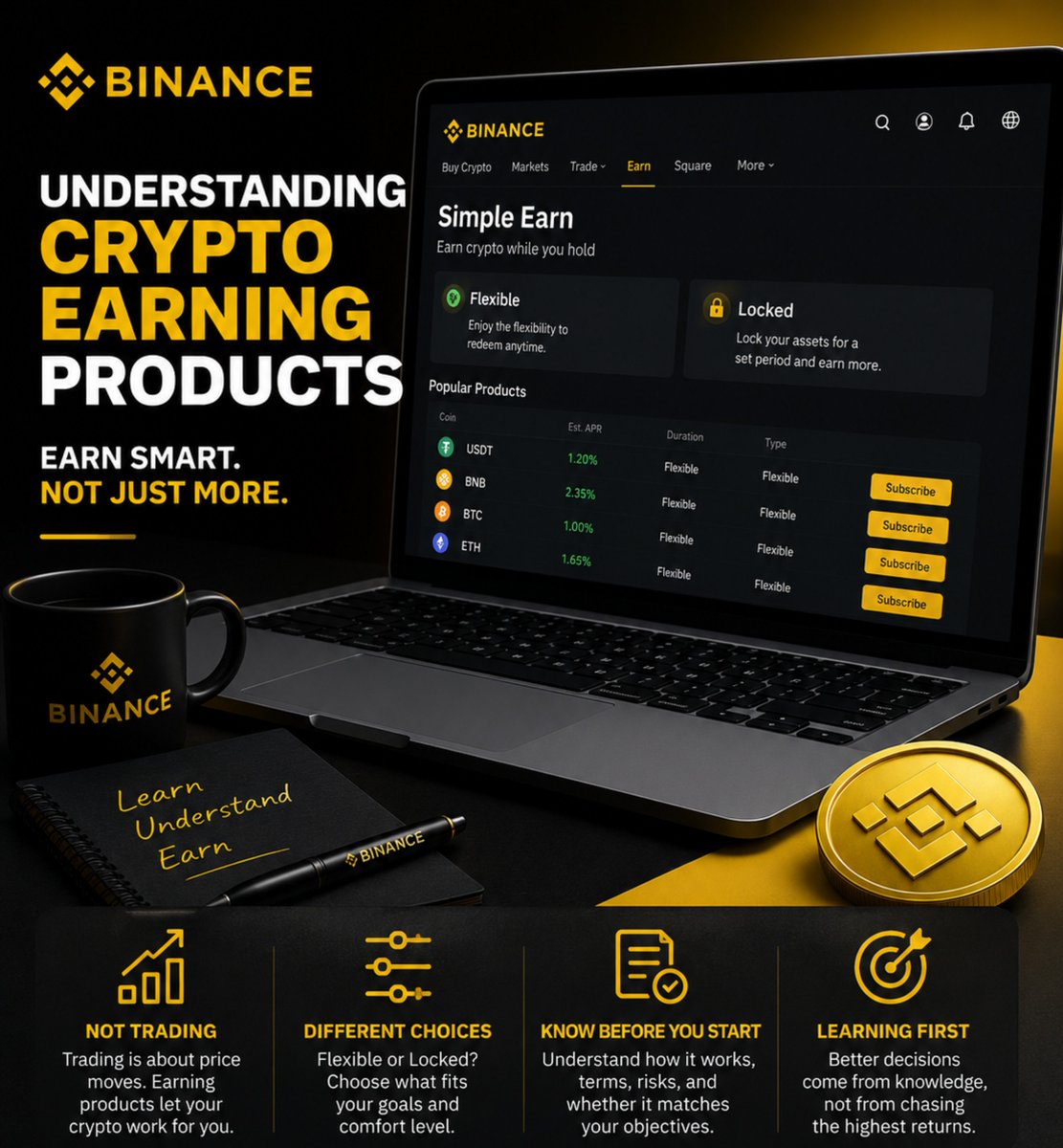 king_onchainx's tweet photo. Mentioning "earning in crypto" usually makes people assume you're diving into high-risk trades. But honestly? That’s missing the bigger  picture.

It helps to step back and look at the real difference:

• Trading: You’re actively watching charts, tracking price swings, and executing buys and sells.

• Earning Products: You’re putting eligible assets you already plan to hold to work in the background—no chart-staring required.

Take something like @binance Simple Earn as an example. It gives you options like Flexible or Locked products. What you choose simply depends on your individual strategy whether you prefer quick access to your funds or long-term growth.
There’s no single "best" option for everyone. That’s why context and preparation matter way more than hitting buttons blindly.
Before using any earning product, it’s always worth asking yourself a few basic questions:

Do I fully grasp how this specific option operates?

Will my funds be locked, or can I withdraw whenever I want?

What are the terms and conditions?

Does this actually align with my personal financial goals?

Crypto has involved far beyond just buying low and selling high. It’s about knowing which tools exist and picking the ones that make sense for your own situation.
Understanding how a tool works will always be more valuable than blindly chasing high yield numbers.

Disclaimer: This post is for educational purposes only. Always do your own research (DYOR) before using any financial product.

#Binance #BinanceAcademy #LearnWithBinance