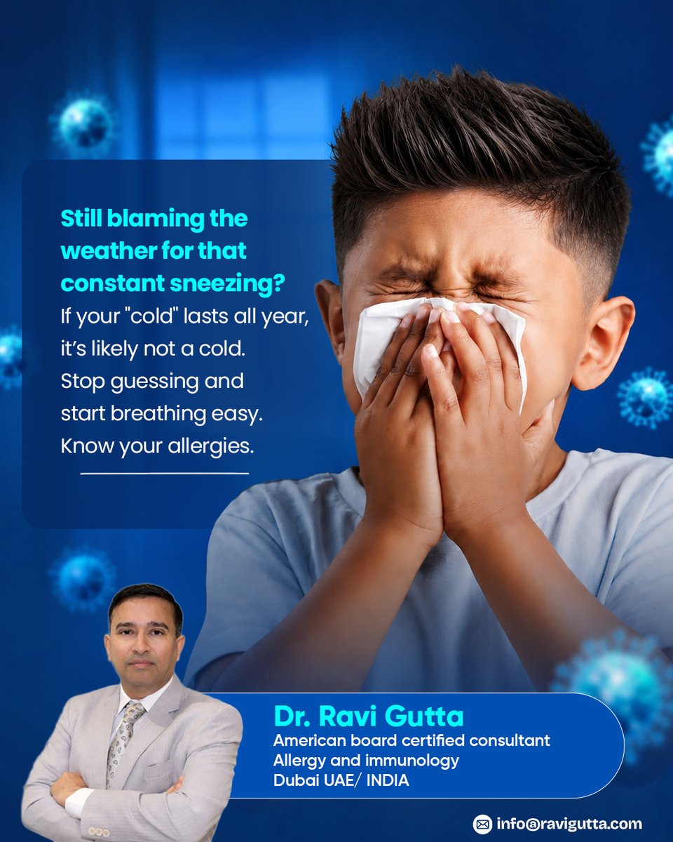 drrcgutta's tweet photo. Constant sneezing all year long isn't just a cold; it could be an undiagnosed allergy. Stop guessing and start breathing easy. Find your answers with Dr. Ravi Gutta.
#DrRaviGutta #AllergyAwareness #Sneezing #SeasonalAllergies #Immunology https://t.co/CHUtDpzFoS
