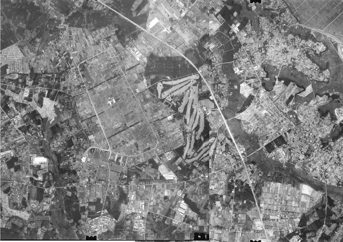 chiba_pref_bun's tweet photo. 昭和44(1969)年と平成18(2006)年撮影の(ほぼ)同所の航空写真ですが、どこかわかりますか？
場所特定のヒントは３つ。
①写真中央やや左の道で区切られた広い長方形の土地。
②ゴルフ場を閉鎖して造成。
③鉄道が敷設され、新駅が誕生。
#航空写真 https://t.co/nXAAwAREW4