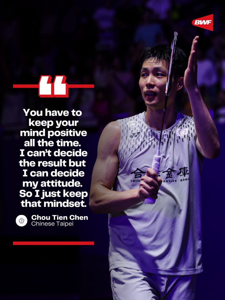 APBellecX's tweet photo. Chou Tien Chen 👏🏼👏🏼👏🏼

Results aren’t always in your control.
Your attitude is.

Choose positivity. Keep fighting. Keep believing. 💯 #BWF #ctto https://t.co/Do8e3NSC2i