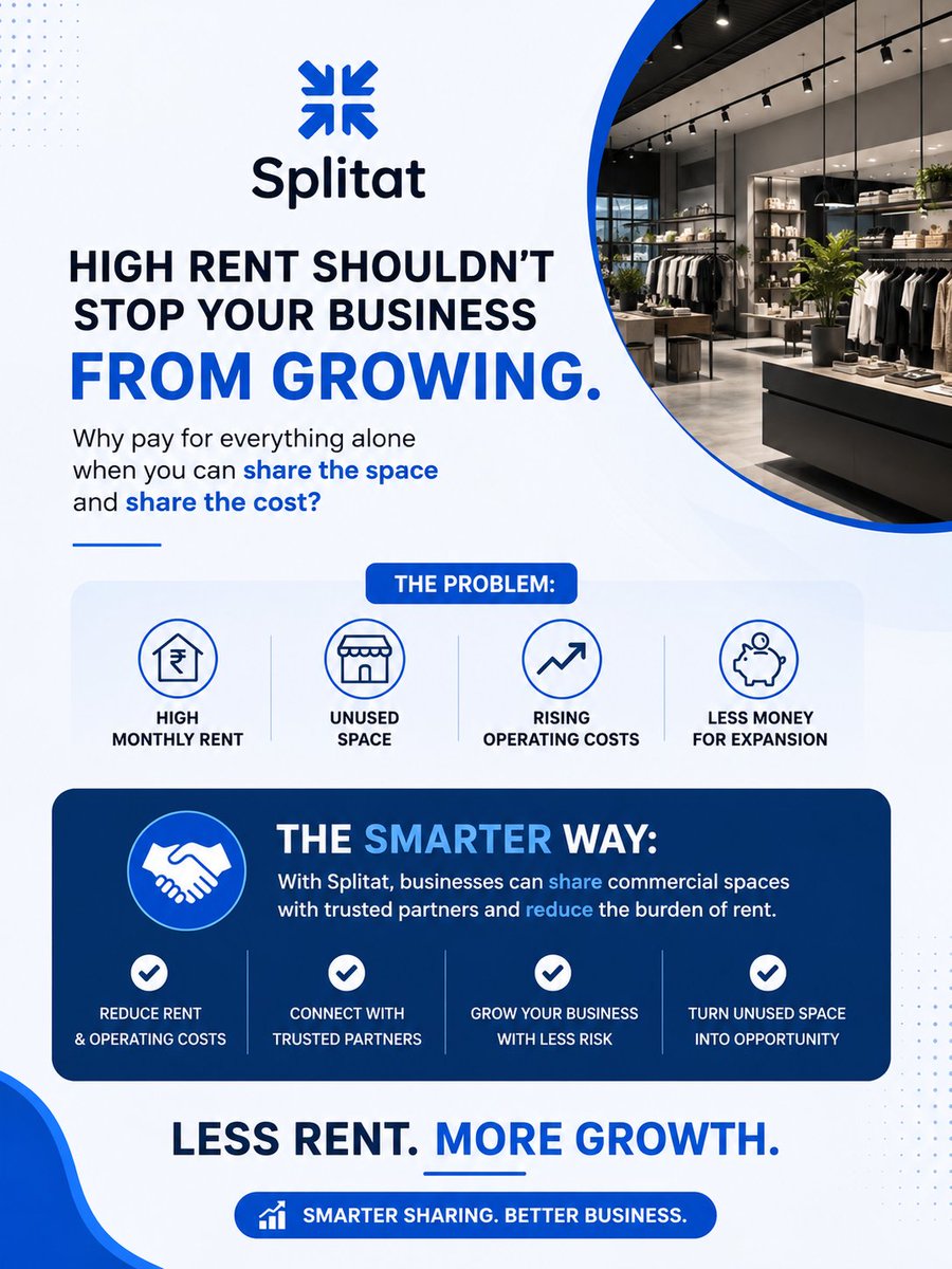 SplitatOfficial's tweet photo. High rent shouldn’t stop your business from growing. 💸
Share the space. Share the cost. Grow faster. 🚀
Splitat makes commercial space sharing smarter and more affordable.
#Splitat #BusinessGrowth #SmartBusiness https://t.co/k8QK4xtOfe