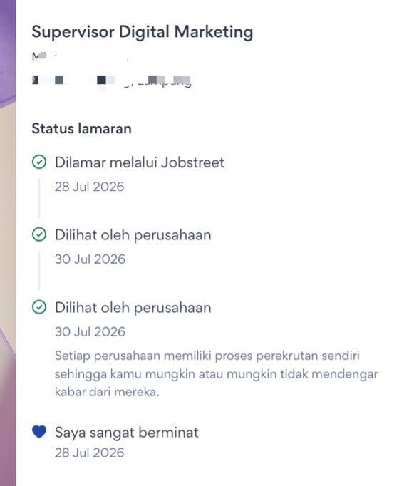 kelas_writing's tweet photo. Kalian beneran harus nyoba fitur “hidden gem” di jobstreet ini

> Tgl 28 juli perusahaan invite aku untuk lamar via jobstreet
> Tgl 28 juga aku apply
> Tgl 30 rekruter liat profilku ku 
> Tgl 30 juga rekruter kirim pesan interview
> Tgl 31 (besok) aku intv offline

Tapi sepertinya memang perusahaan ini lagi butuh cepat untuk mengisi posisi spv digital marketing tsb. Meski saat ini aku lg ngefreelance project (ttp sesekali ke kantor karena hybrid), tapi aku merasa perlu punya  double income, sekaligus pengen ngerasain gonta-ganti atmosfer :D

Good luck untuk kita semua! ^^