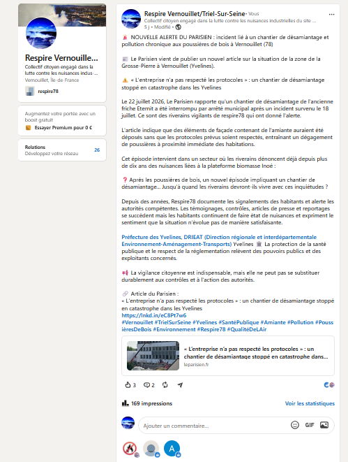Respire78's tweet photo. ⚠️ La colère des habitants de Vernouillet &amp; Triel/Seine entre poussières de bois et amiante ! 
Les riverains subissent depuis trop longtemps des risques
@prefet78 @ARS_IDF dix ans d'alertes, c'est déjà trop, leur santé ne peut plus attendre !
Linkedin 🔗https://t.co/cuFJejt1dD https://t.co/QFad706ftO
