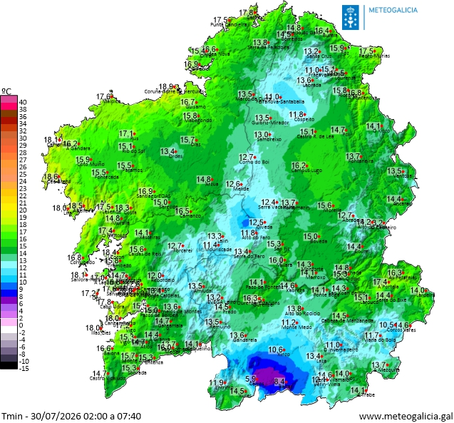 MeteoGalicia's tweet photo. Bo día! O aire cálido continúa desprazándose cara ao leste, polo que xa apenas afecta a Galicia.

Hoxe teremos unha xornada con nubes no norte,  máis despexado no sur. Máximas aínda superando os 30ºC no interior, pero en xeral por debaixo dos 35ºC.

Madrugada fresca👇 https://t.co/zpYbFzm8Qj