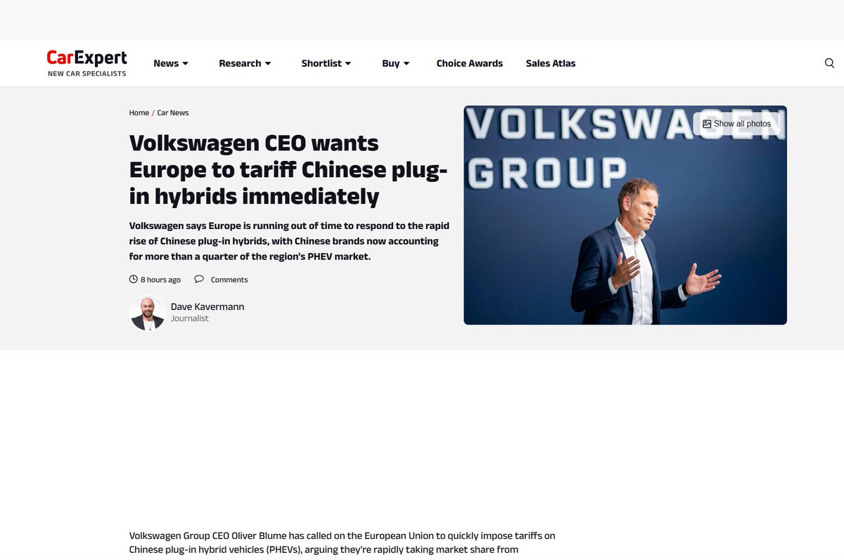 fbermingham's tweet photo. VW CEO Oliver Blume has called on EU to quickly impose tariffs on Chinese plug-in hybrid vehicles

"We have no time to lose... regulations on BEVs are working. There we are competitive on pricing. Where it's not working is PHEV" https://t.co/LL4JFimhk3