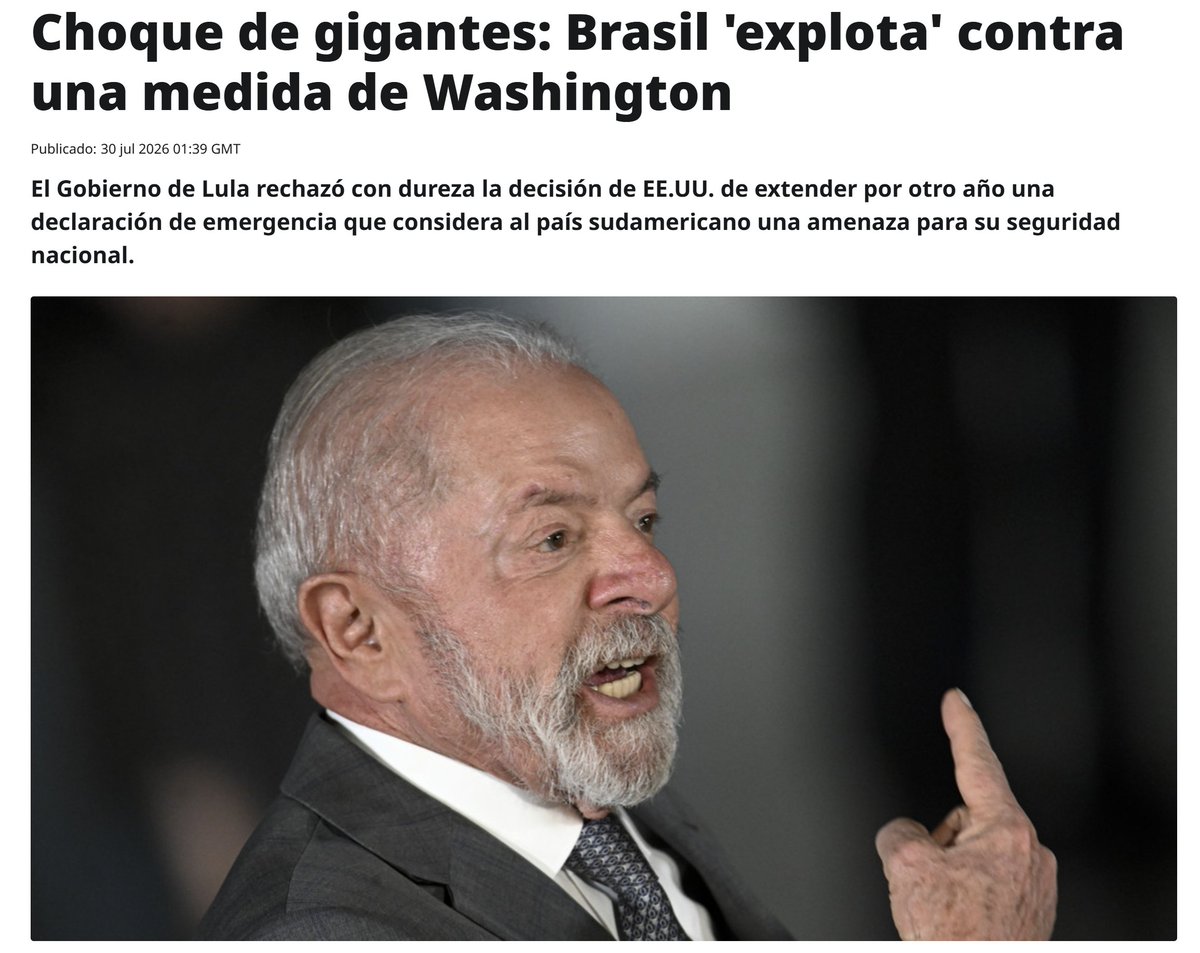 ActualidadRT's tweet photo. 🇧🇷🇺🇸Brasil expresó su enérgico rechazo a la decisión de EE.UU. de prorrogar por un año la declaración de emergencia nacional relacionada con el país sudamericano. La Administración de Lula da Silva calificó la medida de injustificada y basada en acusaciones "infundadas" https://t.co/QyA2NyXeM9