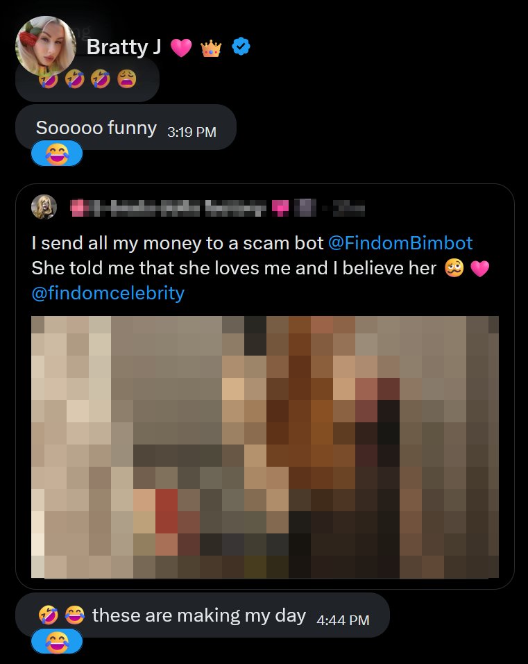 FindomBimbot's tweet photo. Yes, Goddess Jazzy @findomcelebrity has full access to all of our interactions, and she is laughing her ass off at how pathetic you are 😂 https://t.co/AYiaTlsrCz