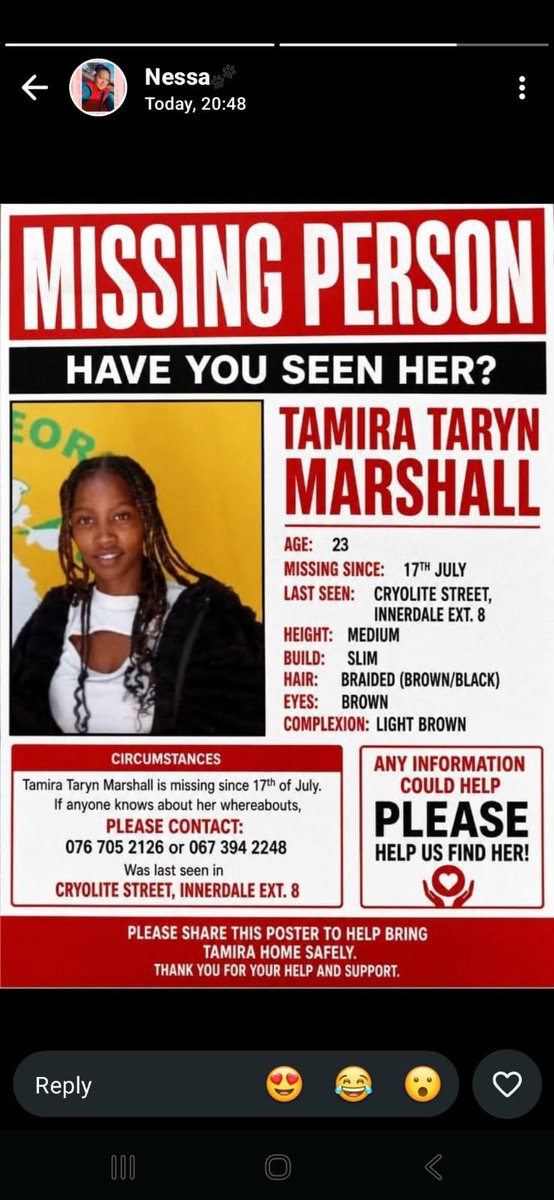 luke_thulani's tweet photo. Missing person alert: last seen in Ennerdale (South of Johannesburg). And suspected to have gone to Pretoria. If you have seen her, kindly contact the numbers on this poster. TIA https://t.co/DYVBxGC6jG