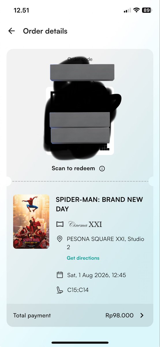 ddeli00ns's tweet photo. WTS Jual tiket xxi bioskop spider man: brand new day
Pesona square
Sabtu, 1 agustus 2026 jam 12:45

Jual rugi aja jadi 60k, ayo gaesss aku mau beli ulang di jam lain😭😭 https://t.co/XZwBPg4wXr