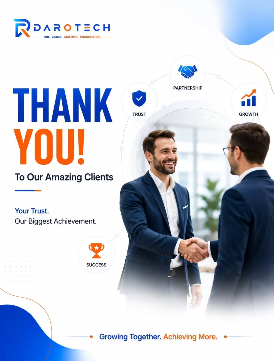 darotech_tech's tweet photo. Every successful project begins with trust and grows through strong partnerships. 🤝 
💙 Growing Together. Achieving More. 🚀

#ThankYou #ClientAppreciation #BusinessGrowth #TrustedPartner #DarotechTechnology https://t.co/lIujHwcoNx