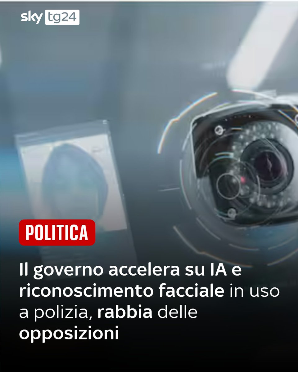 SkyTG24's tweet photo. Il governo ha deciso di accelerare sull’uso dell'intelligenza artificiale e del riconoscimento facciale da parte delle forze di polizia, ed è scoppiata la polemica politica. L’esecutivo ha infatti velocizzato le operazioni in Commissione politiche europee al Senato sullo schema di decreto legislativo che adegua la normativa nazionale ai sistemi e alle regole europee in materia: in particolare è consentito l'uso di sistemi di videosorveglianza con IA per identificare persone indiziate solo dopo la commissione di un reato. La conservazione dei dati è invece limitata a sette giorni per le registrazioni locali, con registri informatici (log) non modificabili mantenuti per cinque anni. Leggi quali sono le critiche delle opposizioni al link https://t.co/6grj01KPO3