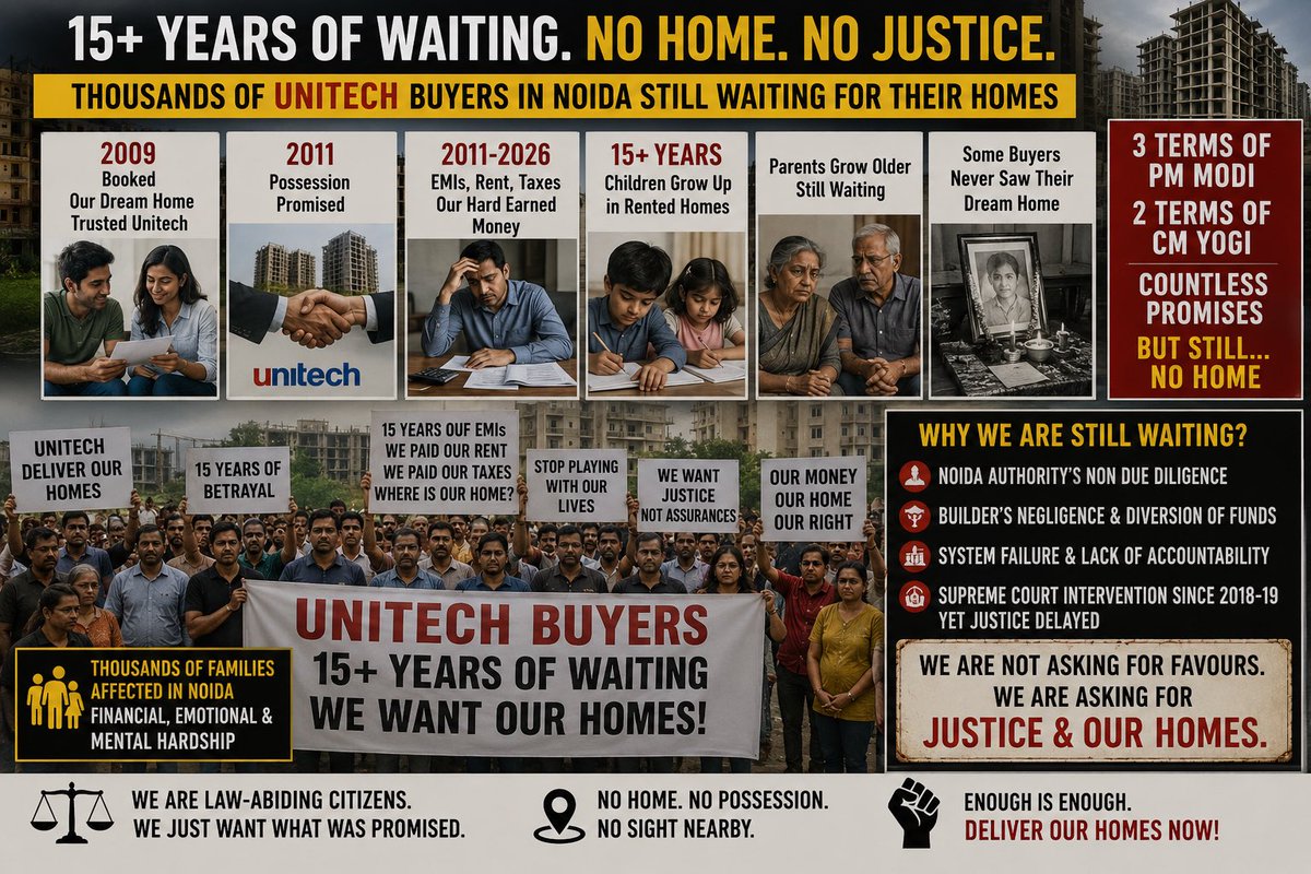 Prashan07642929's tweet photo. Booked a #Unitech #Sector117 #Noidaflat in 2009  possession promised in 2011. 2026- despite years of Supreme Court monitoring, thousands of homebuyers are still waiting.
Trusted 3 terms of PM @narendramodi and 2 terms of CM @myogiadityanath. How much longer?
 @PMOIndia @aajtak https://t.co/O8WoOMNGWQ