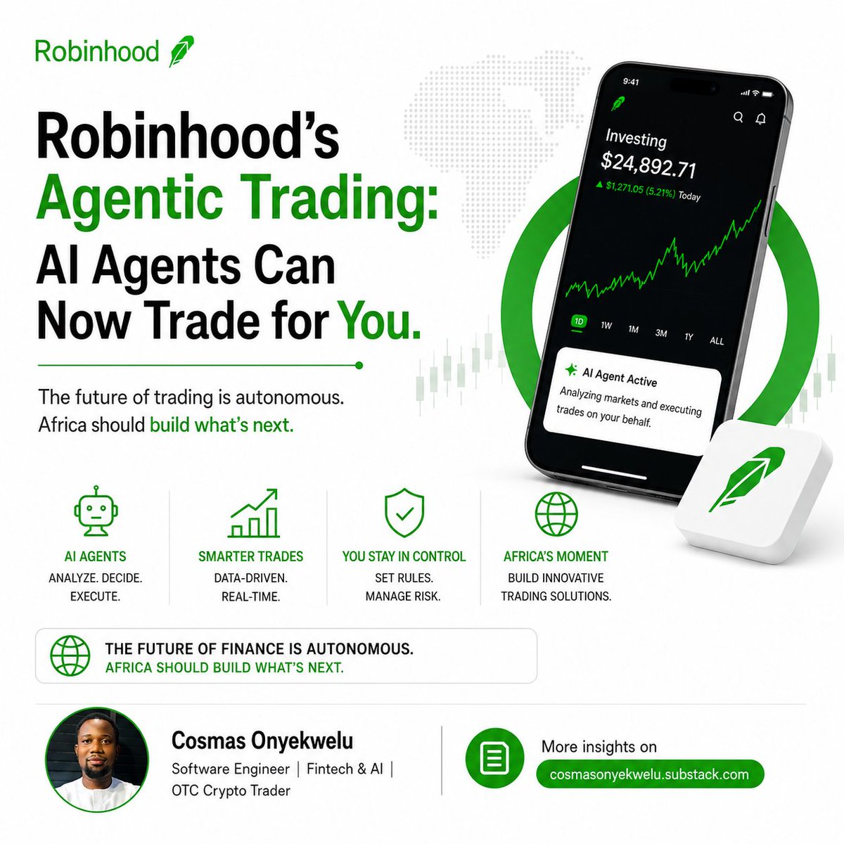 CosmasOnyekwelu's tweet photo. Robinhood's AI agents won't just automate trading.

The long-term vision is even bigger:

• Self-learning
• Self-improving
• Autonomous investing

Read more on substack:

https://t.co/DK3GIlM54q

#AI #AgenticAI #Fintech #Africa https://t.co/1HQfo1j4A5