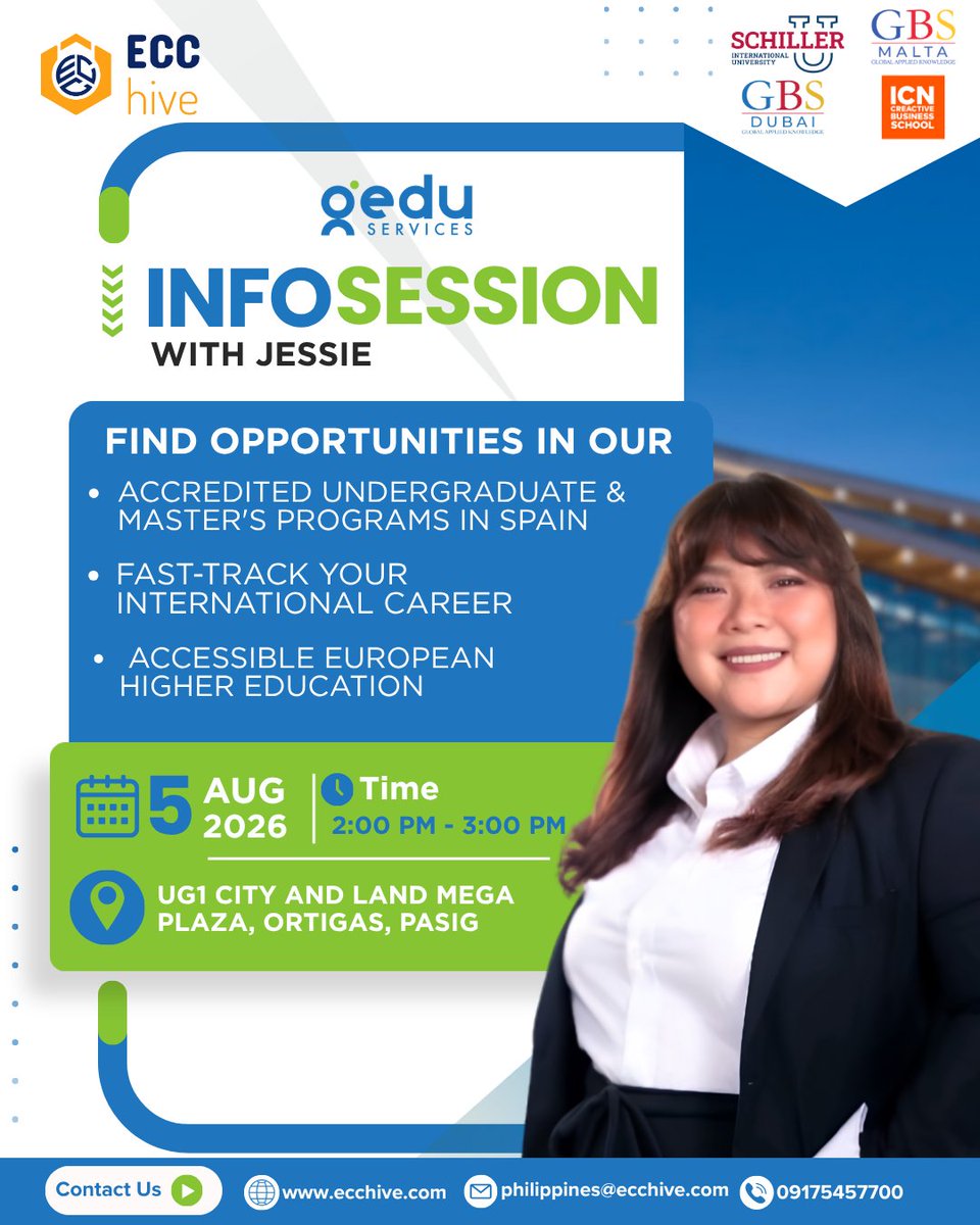 ECC_Hive's tweet photo. Join our FREE GEDU Info Session to explore opportunities and step-by-step application guidance!
📅 August 5, 2026
🕚 2 PM – 3 PM
💻 Face-to-face at ECC Hive | UG1 City & Land Mega Plaza, Ortigas Center, Pasig.
#ECCHive #StudyAbroad #GlobalEducation #GEDUGlobal #StudyInSpain https://t.co/MQCg5LVjZn