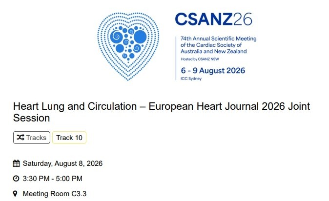AnastasiaSMihai's tweet photo. #CSANZ26 starts in 1 week & so many🔥sessions to attend!
Did you know that our @thecsanz - #Heart #Lung #Circulation is celebrating 35 years!🎉
Congratulations #HLC #EiC @SalvPEPE & Editorial team👏
🚨 Make sure you attend the #HLC - #EHJ Joint Session where #HLC #EiC Salvatore Pepe will provide us with insight into the previous 35 yrs & #EHJ #EiC Prof Filippo Crea on the hot article topics over 2025-2026!
Also in this session, another 2🌟presentations:
- Dr @JonathanCiofani from our @NthSydHealth RNSH on interesting titled presentation "Causation Vs Association in #Research"
- Prof Girish Dwivedi on "#AI in #Cardiovascular #Medicine"