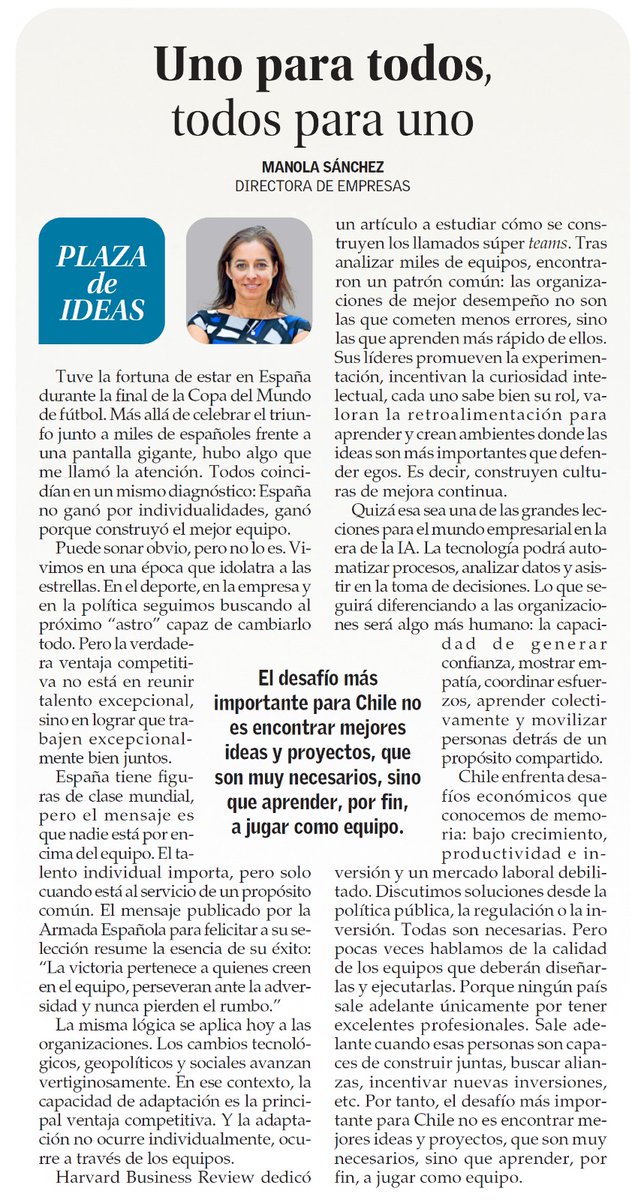 EYN_ELMERCURIO's tweet photo. 📰 [Opinión] “El desafío más importante para Chile no es encontrar mejores ideas y proyectos, que son muy necesarios, sino que aprender, por fin, a jugar como equipo”, expone Manola Sánchez en su columna de hoy.
https://t.co/JCvJcbz8Mz https://t.co/3Q1wMl3ut0
