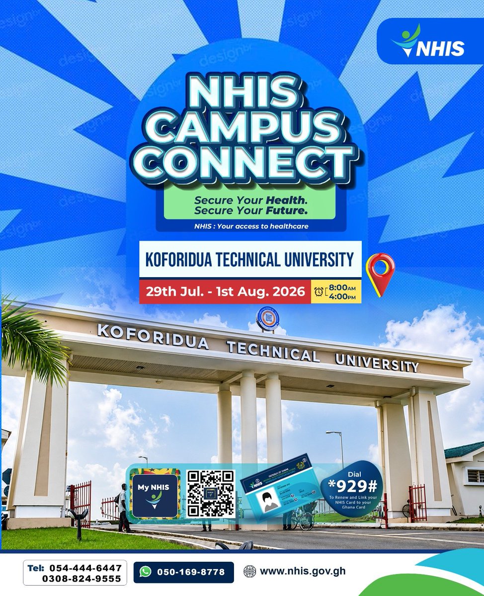 NHIS_Ghana's tweet photo. KTU, get ready!

The NHIS Campus Connect is coming your way with exciting health education sessions and insights into NHIS policies and services. 

Join us as we connect, learn and discover how to make the most of your NHIS membership.

Koforidua Technical University, the connection starts here! 

#NHISCampusConnect #YourAccessToHealthcare