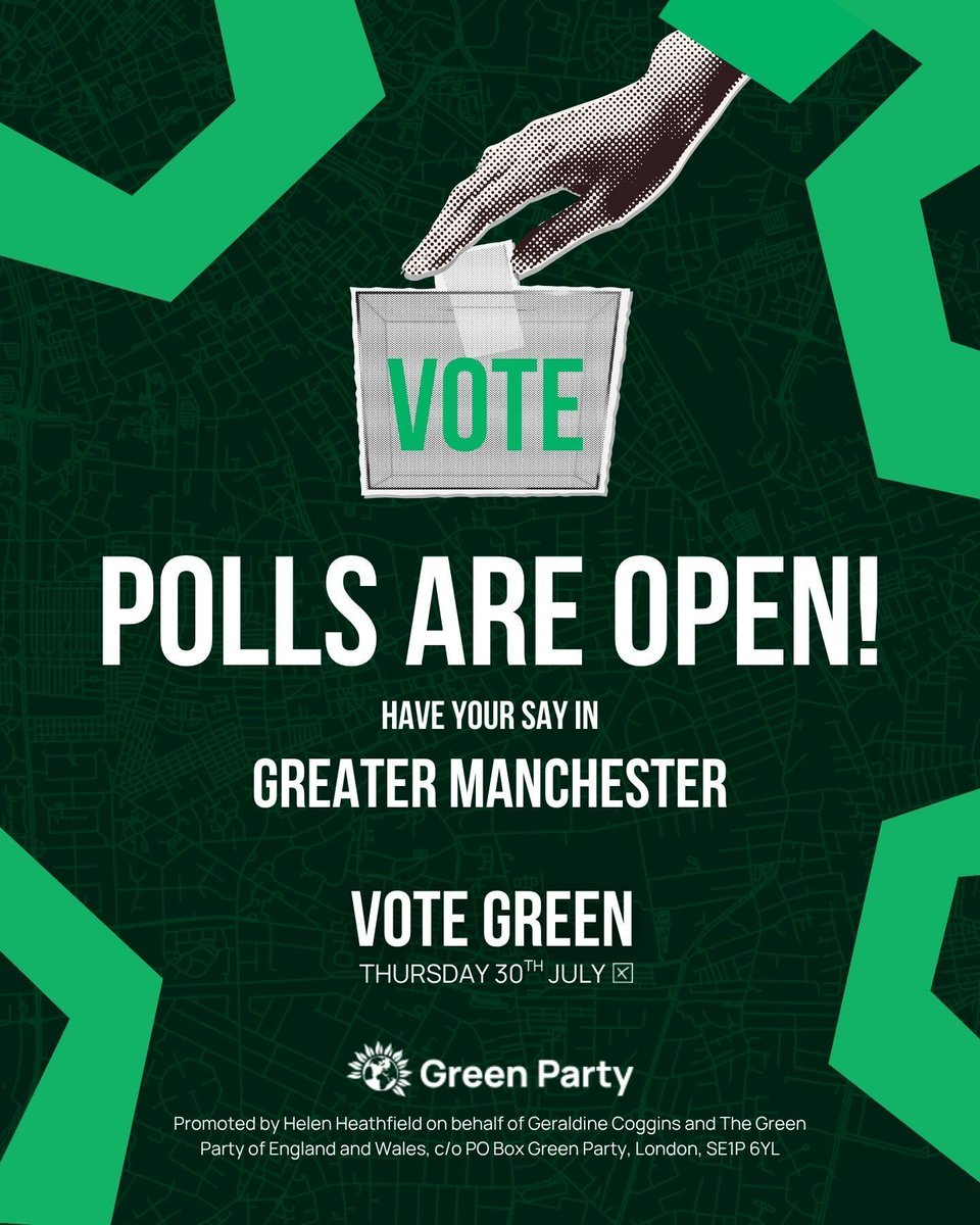 TheGreenParty's tweet photo. Greater Manchester; Polls are now open! 

Head to https://t.co/YP585yVlFm to find your local polling station and head on down! 

Vote Green today for real hope and real change 💚 https://t.co/jrTyB0UmdY