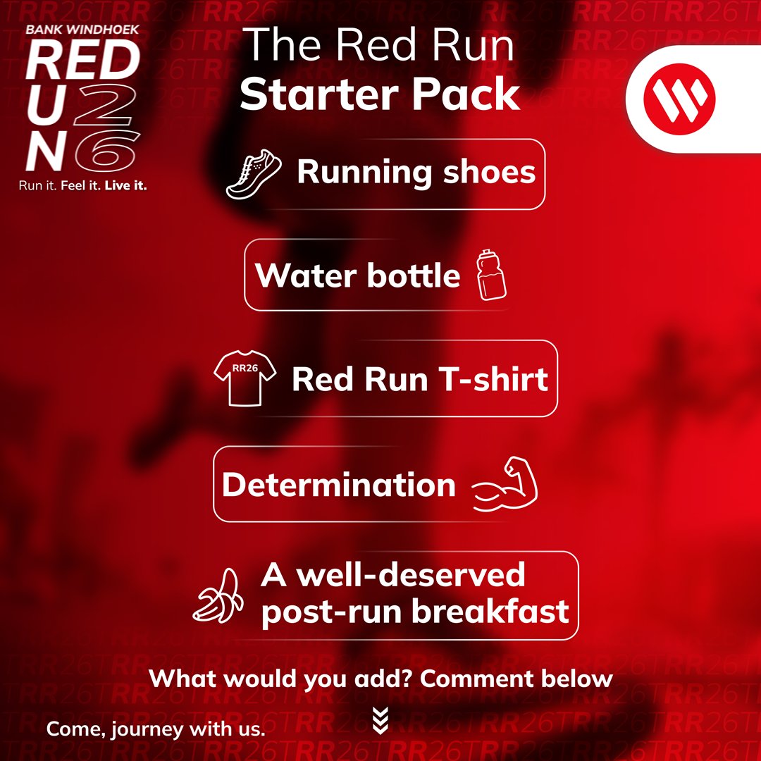 BankWindhoek's tweet photo. The ultimate Red Run starter pack? We think this is it❤️
Now it's your turn...
What's one thing you'd add to your Red Run starter pack?
Let us know in the comments!
Run it. Feel it. Live it.
#RR26 https://t.co/OhrTKGfLSU