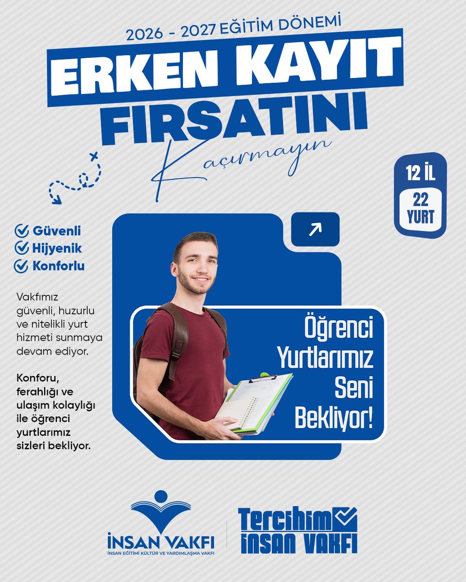 insanvakfi's tweet photo. İnsan Vakfı Öğrenci Yurtlarına Erken Kayıt Fırsatını Kaçırmayın 📣

✅ Güvenli
✅ Hijyenik
✅ Konforlu

📌 İnsan Vakfı Öğrenci Yurtlarımızda gençlerimizi, eğitim hayatları boyunca en güzel şekilde ağırlıyoruz.

Ayrıcalıklı yurt imkanlarımızdan faydalanmak için tercihiniz İnsan Vakfı Öğrenci Yurtları olsun. ✅