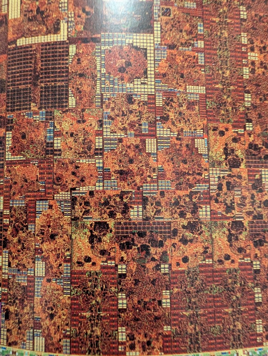 bzogrammer's tweet photo. When I post plots of the CPU I'm working on, people are surprised at how organic it looks.

If you look through @arenamagdotcom's Silicon book, especially at chips from the past 10-15 years, most also look very organic.

The organic-looking parts are logic.
The grids are memory. https://t.co/WoUEVtcrqY