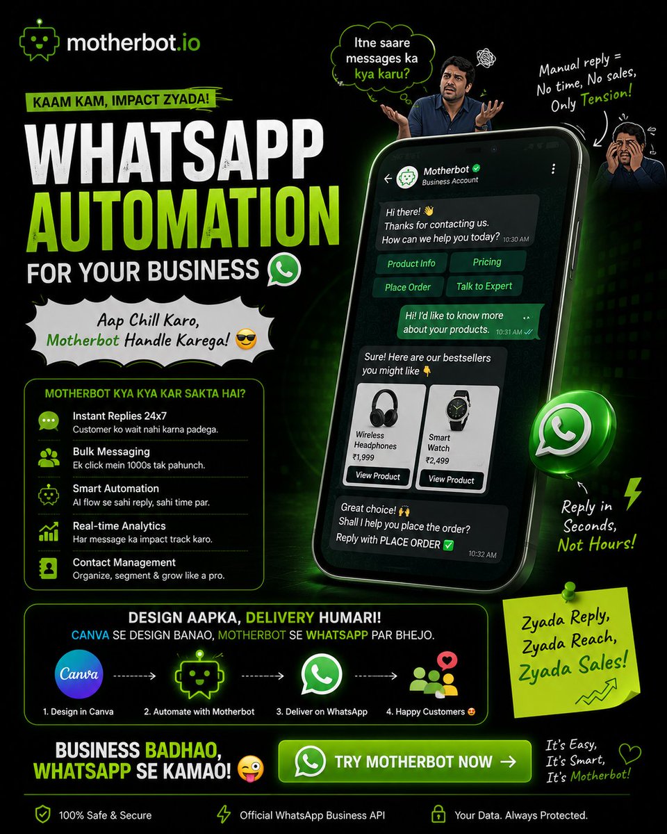 motherbot_io's tweet photo. Business owner ho ya WhatsApp support executive? 😭

Stop replying manually.

Start automating.

MotherBot = Instant Replies + Bulk Campaigns + Smart Automation + More Sales. 🤖💚

#WhatsApp #Automation #AI https://t.co/3gdj0qsPV5