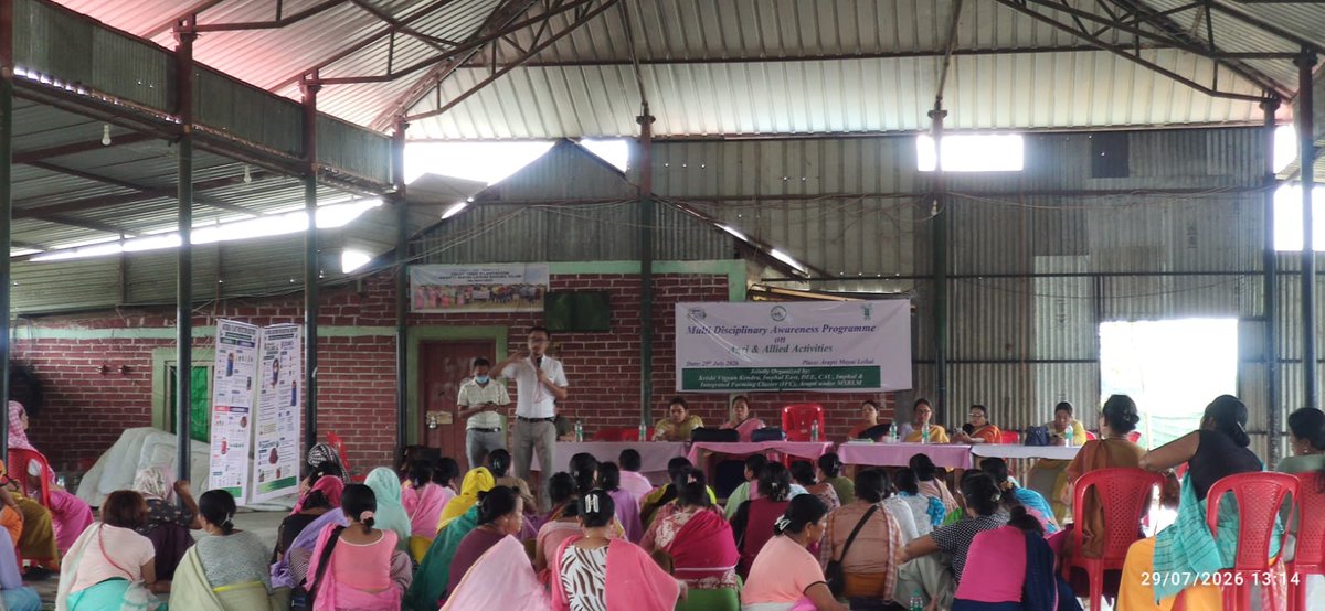 EastKvk's tweet photo. Organized Multi-disciplinary Awareness Programme on Agri and Allied Activities at Arapti Mayai Leikai, Kangjeibung Community Hall, Imphal East with 73 nos. of participants on 29th July, 2026. 
#ICAR 
#ATARI_ZONEVII https://t.co/V1vQtJaESA