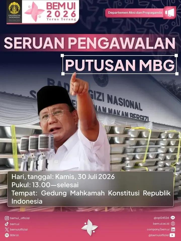 stlovve's tweet photo. BREAKING NEWS : DEMO !!! 🚨 🚨  

Aksi dari BEM UI dan gabungan simpatisan. 
" Mengawal Putusan MK tentang MBG " 

- Tempat : Depan gedung MK
- Waktu   : Kamis, 30 Juli 2026

ayo kita suarakan suara yang selalu dibungkam negara padahal kita bersuara demi negara yg lebih baik ‼️‼️ https://t.co/oXS5eJNxVQ