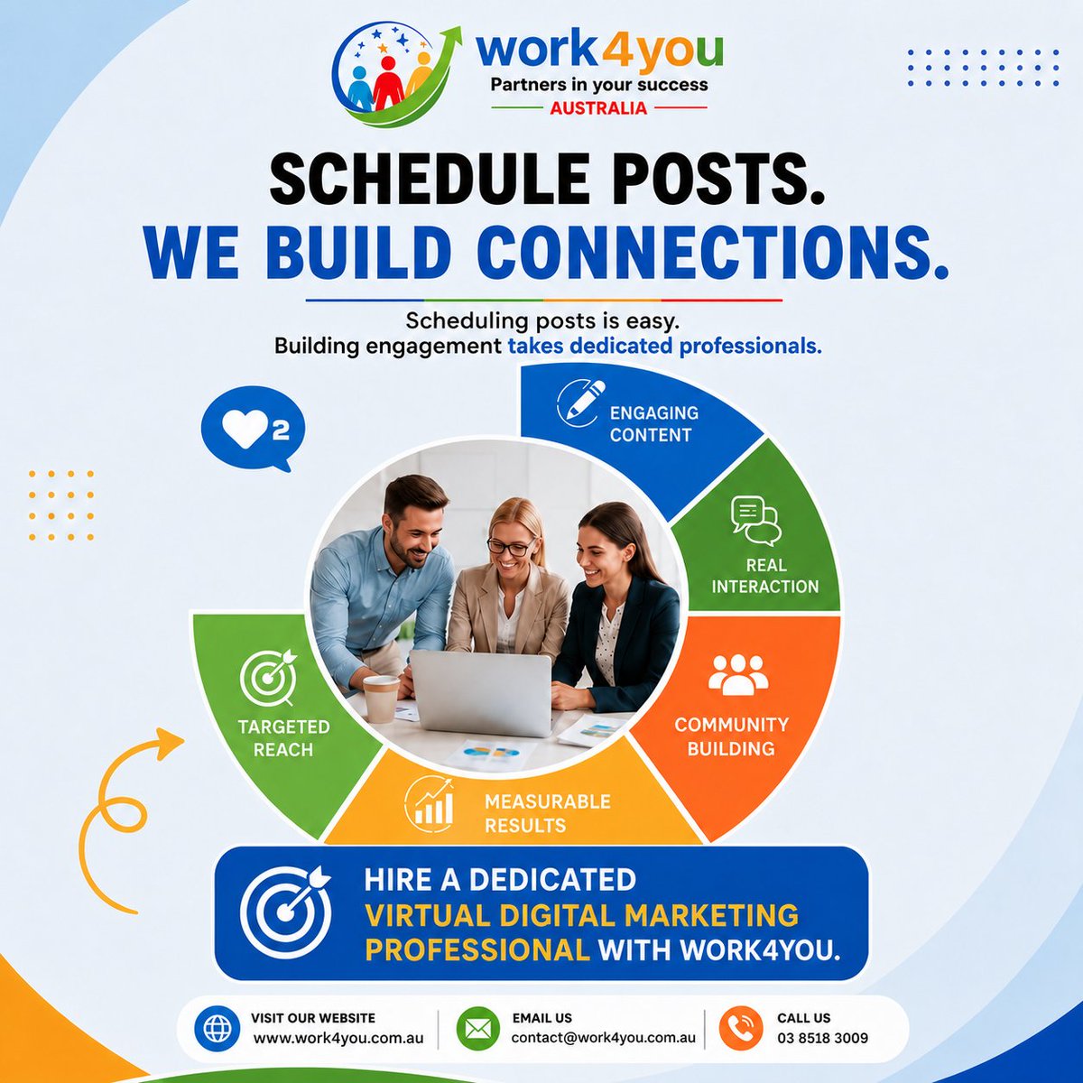 Work4YouAU's tweet photo. Schedule posts.
Build connections.

Work4You's Virtual Digital Marketing Professionals help businesses create engaging content, grow communities, and turn engagement into measurable results.

Enquire Now: https://t.co/8M5GDJNup3

#DigitalMarketing #SocialMedia #Work4You https://t.co/fRqmgfABVr