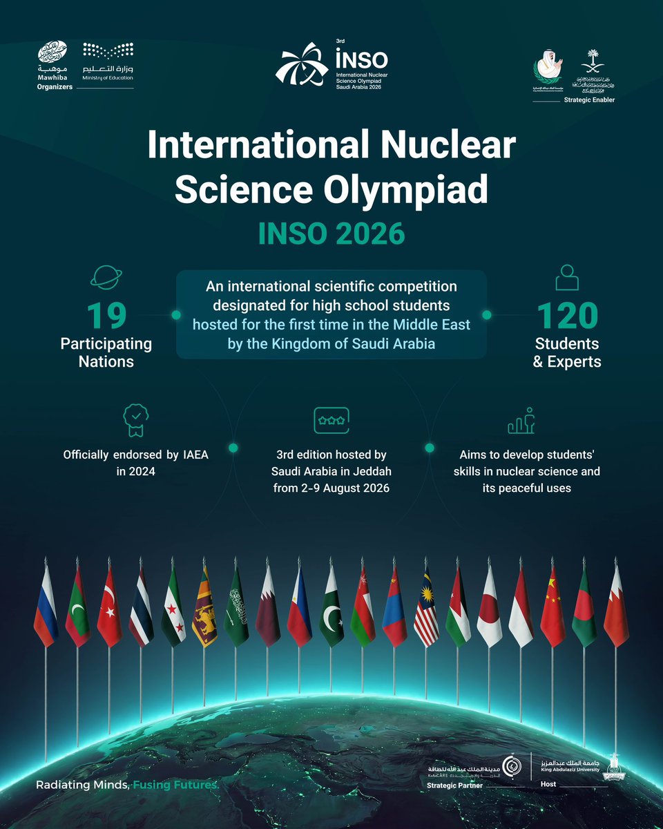 mawhiba's tweet photo. 19 Countries
120 Students and Experts 
One Olympiad
The world comes to Jeddah as Saudi Arabia hosts the International Science Olympiad.
#INSO2026

#Mawhiba
@moe_gov_sa
@kauedu_sa
@kacaresaudi https://t.co/VqcDR3dgPd