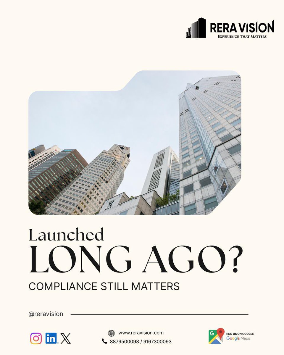 ReraVision's tweet photo. A project's age doesn't reduce its compliance responsibilities.

RERA compliance continues until project completion. Missing updates on older projects can lead to avoidable notices.

Stay compliant from launch to possession with RERA Vision.

#RERA #MahaRERA #RealEstate https://t.co/6F0ldZ4MVB