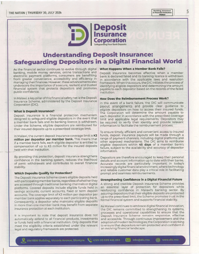 dicmalawi's tweet photo. We are featured in today's edition of The Nation newspaper.

#DICMalawi
#SafeguardingYourBankDeposits https://t.co/I7S4v50WLU