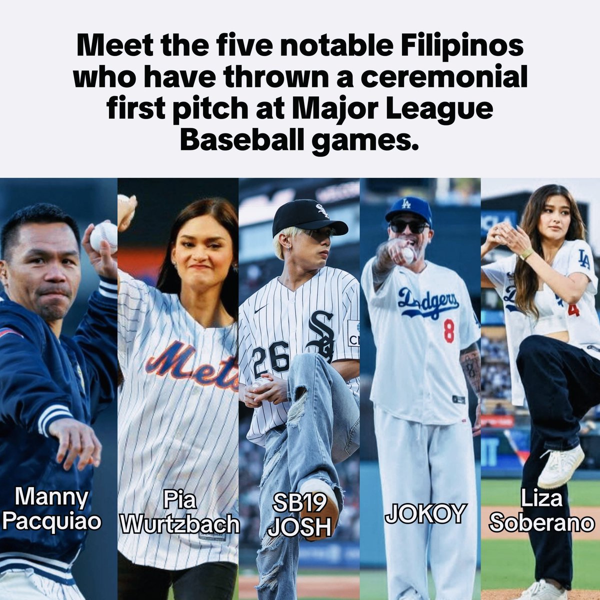 Kapehan_ni_Ken's tweet photo. PHILIPPINE PRIDE TAKES THE MOUND. 🇵🇭

Meet the five notable Filipinos who have thrown a ceremonial first pitch at Major League Baseball games. 

Manny Pacquiao: Threw the pitch on April 7, 2026, at Yankee Stadium before the New York Yankees vs. Oakland Athletics game. He also previously threw a pitch at AT&T Park in San Francisco in 2009.

Pia Wurtzbach threw the ceremonial first pitch on April 28, 2016, at Citi Field in Queens, New York.

SB19: Member Josh Cullen threw the pitch on July 29, 2026, at Rate Field before the Chicago White Sox vs. New York Yankees game.

Jo Koy: Delivered his pitch on June 15, 2026, at Dodger Stadium during the Los Angeles Dodgers' Filipino Heritage Night.

Liza Soberano: Threw the first pitch on June 3, 2025, at Dodger Stadium before the Dodgers played the New York Mets.

SB19 MLB FIRST PITCH CHICAGO
@SB19Official #SB19
#SB19FirstPitchWhiteSox