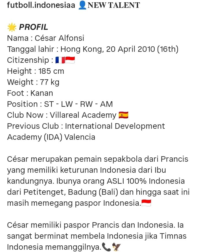 FIndonesiaa's tweet photo. ⭐NEW TALENT

Name : César Alfonsi 
Umur: 16th 
Tinggi: 185cm 
Posisi: ST - LW - RW - AM
Klub: Villarreal Academy 🇪🇸

Darah Indonesia dari Ibunda asli Petitenget, Badung, Bali. Punya paspor 🇫🇷 &amp; 🇮🇩 https://t.co/B2cuaco04z