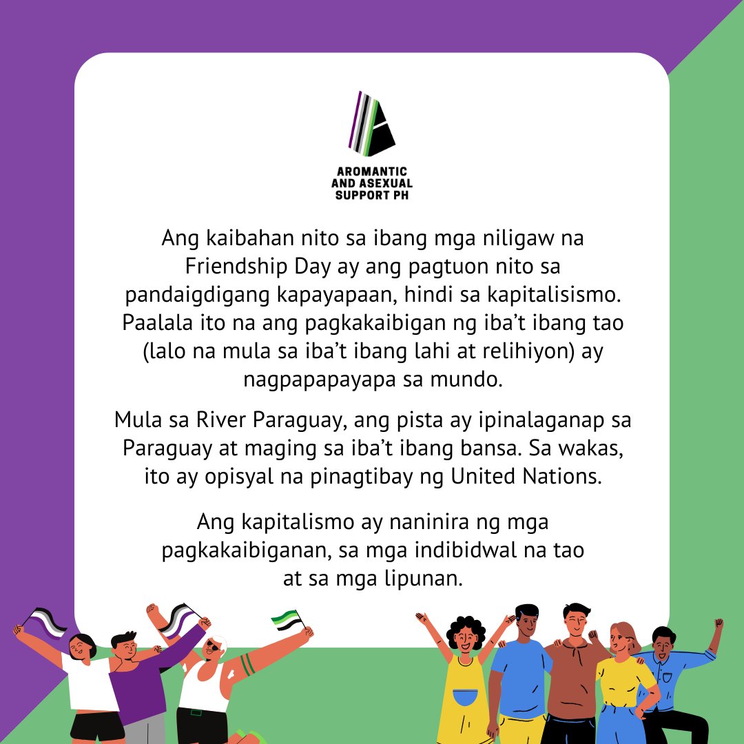 aroaceph's tweet photo. Mapayapang International Friendship Day!

Kada Hulyo 30 ay ang Pandaigdigang Araw ng Pagkakaibigan. Nung niligaw ni Dr. Ramon Artemio Bracho ang pagdiriwang na ito sa katabi ng River Paraguay noong 1958, binuo ng mga kalahok ang World Friendship Crusade. https://t.co/7f3qTnD2k4