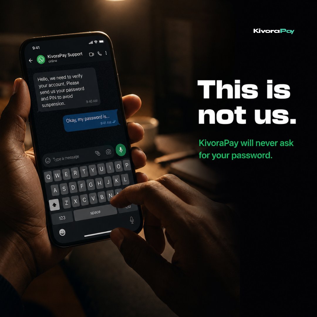 kivorapay's tweet photo. This is something every KivoraPay user should know before anything else.

KivoraPay will never send you a message asking for your password, your PIN, your recovery phrase, or any sensitive account detail. Not through WhatsApp. Not through Telegram. Not through email. Not through any channel at all.

If anyone contacts you claiming to be from KivoraPay and asks for any of this information, that person is not from KivoraPay. It does not matter how official the message looks or what reason they give. 

The moment someone asks for your login credentials and claims to be representing KivoraPay, end the conversation and report it through the official support channel.

Keeping your account safe starts with knowing this one rule clearly.

https://t.co/jRvISCsZ5c