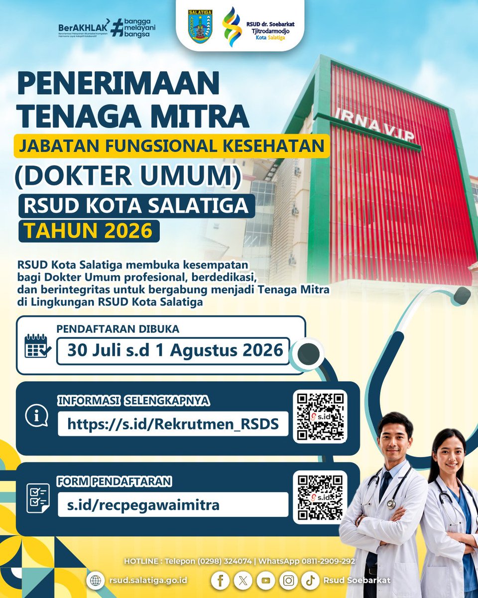 rsudsoebarkat's tweet photo. RSUD dr. Soebarkat Tjitrodarmodjo (RSDS) membuka kesempatan bagi Dokter Umum yang profesional, berdedikasi, dan berintegritas untuk bergabung sebagai Tenaga Mitra Jabatan Fungsional Kesehatan. https://t.co/QXqcQiagw6