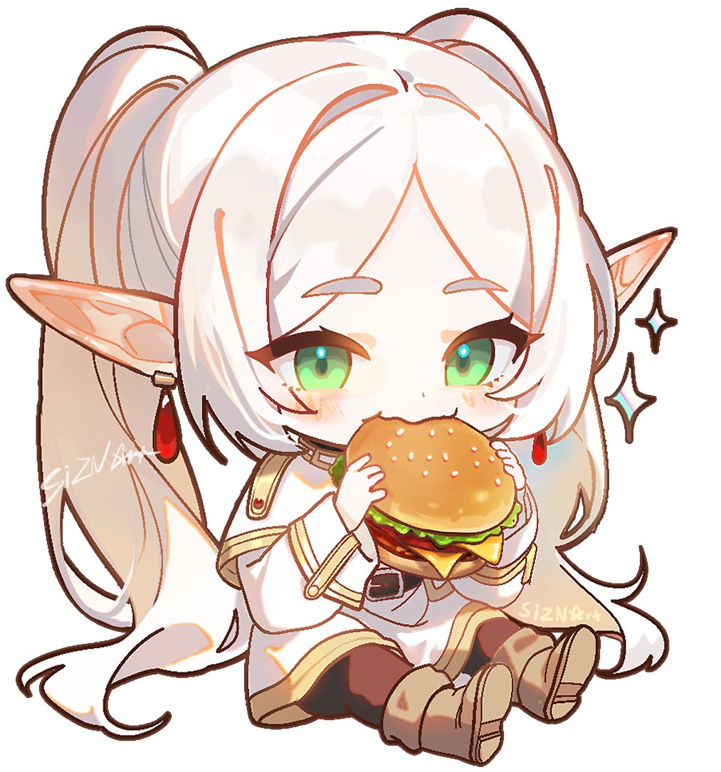 SiZNArt's tweet photo. Don't mind me, it's just Frieren eating a borger🍔 https://t.co/FLKZQSwAji