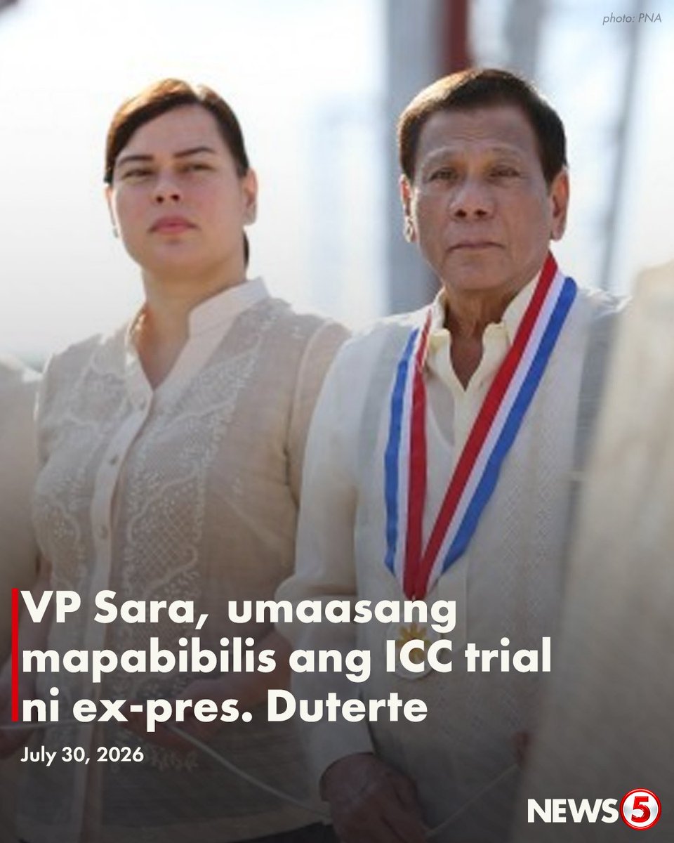 News5PH's tweet photo. PINABIBILISAN ANG ICC TRIAL  

Hiniling daw ni Vice Pres. Sara Duterte sa International Criminal Court (ICC) na pabilisin ang paglilitis sa kanyang amang si dating pangulong Rodrigo Duterte.

“We can only request and plead with them to speed up the trial because he is already 81 years old and he cannot afford to stay in detention for 3, 4, 5 years more,” saad ng Bise sa isang panayam sa The Hague, Netherlands.  

Nananatili si Duterte sa ICC detention facility mula pa noong March 2025 matapos maaresto dahil sa umano’y crimes against humanity.
