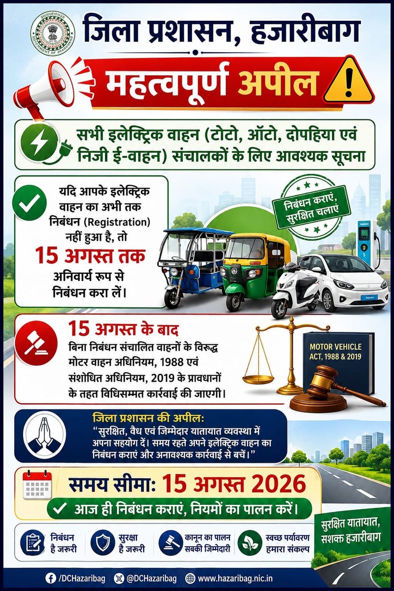 DC_Hazaribag's tweet photo. सभी इलेक्ट्रिक वाहन (टोटो, ऑटो, दोपहिया एवं निजी ई -वाहन) संचालकों के लिए आवश्यक सूचना।
@prdjharkhand 
@JharkhandCMO https://t.co/Arrj02hD1O