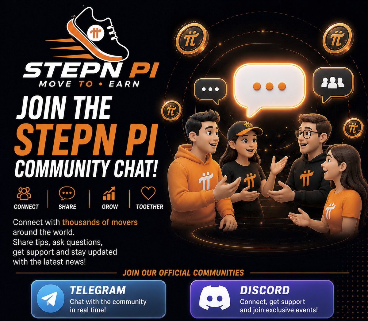 STEPN_PI's tweet photo. 💬 Join the STEPN PI Community!
Connect with runners from around the world, share tips, ask questions, and stay updated with the latest STEPN PI news.

🚀 Join our official communities:
📢 Telegram – https://t.co/QlfxgPl8ch
🎮 Discord – https://t.co/LqcQWGiuec

Move Together. Earn Together. Grow Together. 🧡👟