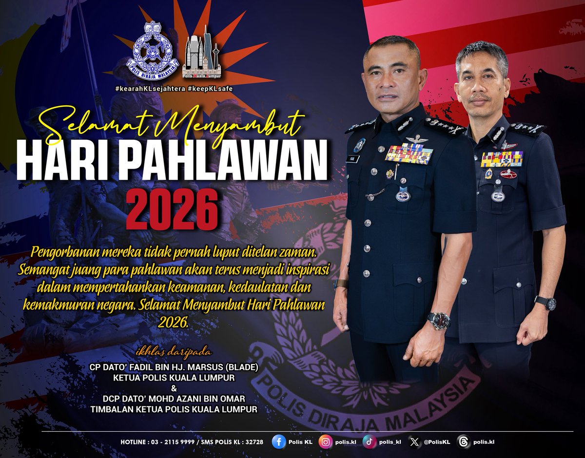 PolisKL's tweet photo. Hari Pahlawan merupakan detik penuh bermakna untuk mengenang jasa, keberanian dan pengorbanan para pahlawan yang telah mempertahankan keamanan, kedaulatan serta kemerdekaan negara. https://t.co/liJHjEOZ6G