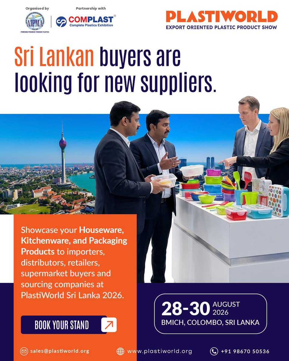 plastiworld_org's tweet photo. Sri Lankan trade buyers are looking for reliable suppliers across Houseware, Kitchenware and Packaging categories.

28 – 30 August 2026
BMICH, Colombo, Sri Lanka

Book your stand: https://t.co/k7bwwFZpBK 

#PlastiWorld #PlastiWorldSriLanka2026 #IndianManufacturers https://t.co/tMQQ1XDKtF