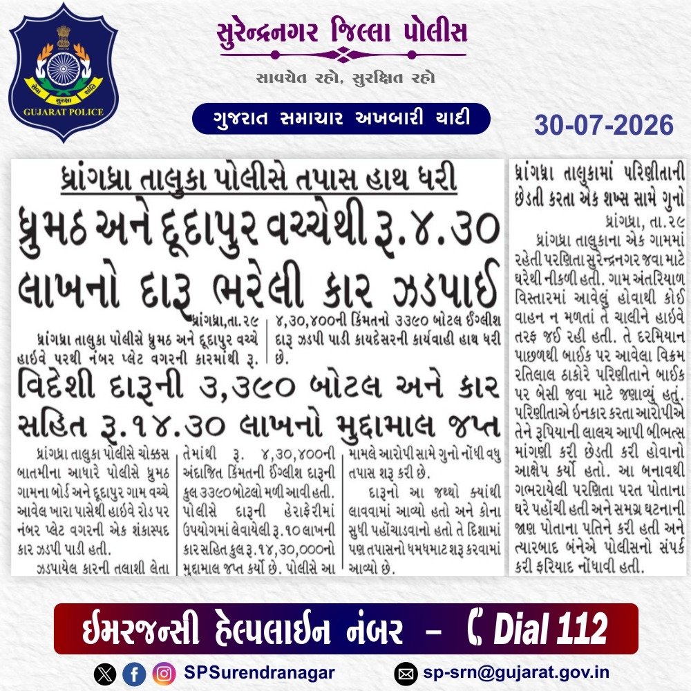 SPSurendranagar's tweet photo. સુરેન્દ્રનગર જિલ્લા પોલીસ દ્વારા કરેલ કામગીરી ની અખબારી યાદી

@GujaratPolice 
@dgpgujarat 
@DIGPRajkotRange
@DeluPremsukhIPS https://t.co/JVPEEv6JXE