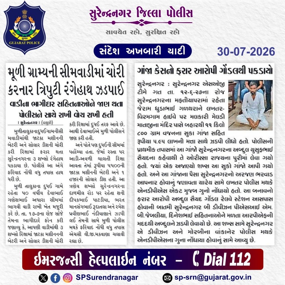 SPSurendranagar's tweet photo. સુરેન્દ્રનગર જિલ્લા પોલીસ દ્વારા કરેલ કામગીરી ની અખબારી યાદી

@GujaratPolice 
@dgpgujarat 
@DIGPRajkotRange
@DeluPremsukhIPS https://t.co/JVPEEv6JXE