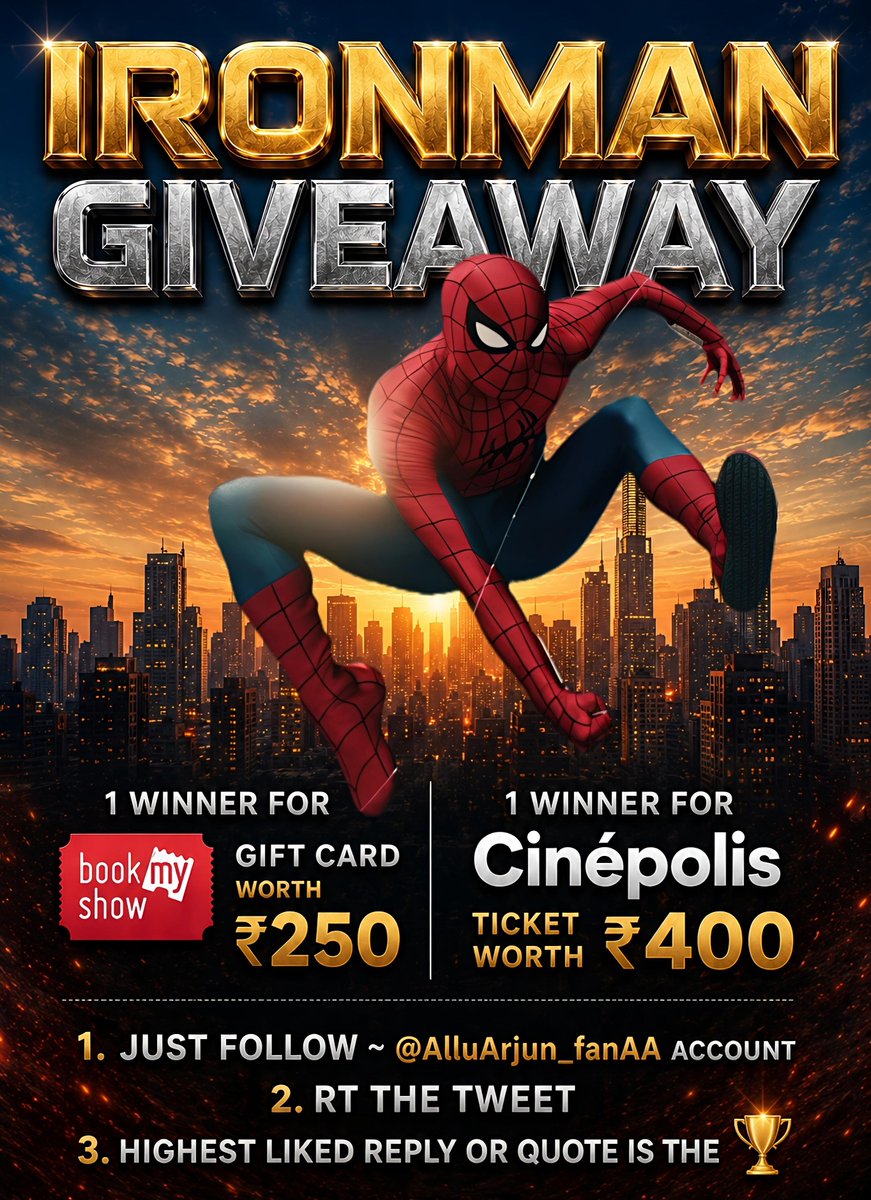 alluarjun_fanAA's tweet photo. Birthday 𝙂𝙞𝙫𝙚𝙖𝙬𝙖𝙮 13  🚨  

#Spidermanbrandnewday

" 1 ~ Cinepolis ticket 400RS "
   2 ~ book my show 250rs gift card 

RULEs

1.Follow ~ @alluarjun_fanAA 

Must 
2. ) Rt 🚨✅ 

3.) highest liked/quoted tweet 

Note :- don't do fraud

Today 5 PM winners announcement https://t.co/kwfZFvUzo8