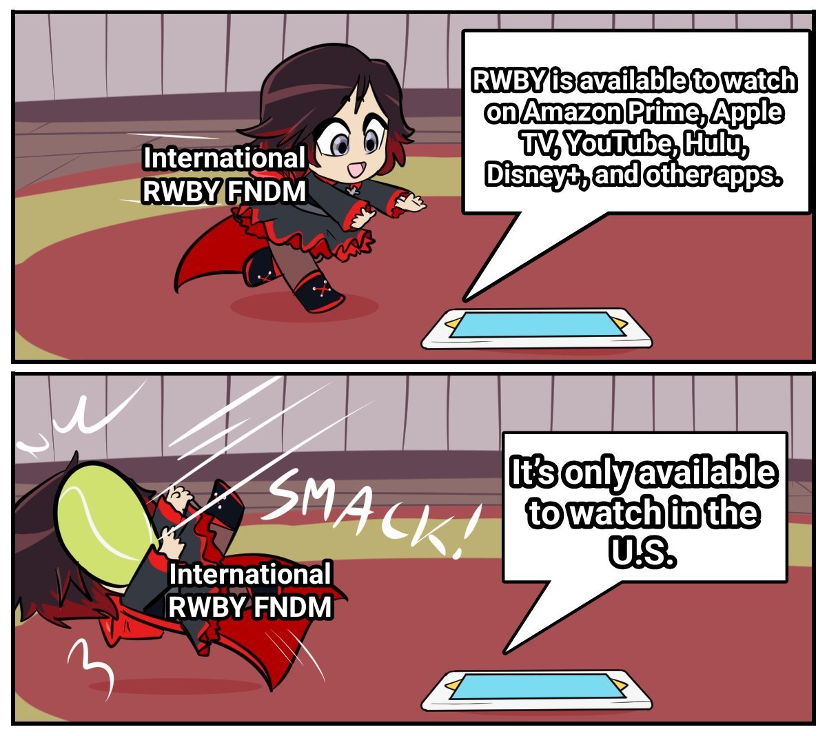 Miilakuroi's tweet photo. Un día mas... un día más sin poder ver #RWBY para el fandom internacional ❤️‍🩹

Hice un meme pero el dibujo original es de @JumJamz https://t.co/HJvGrDmSiC